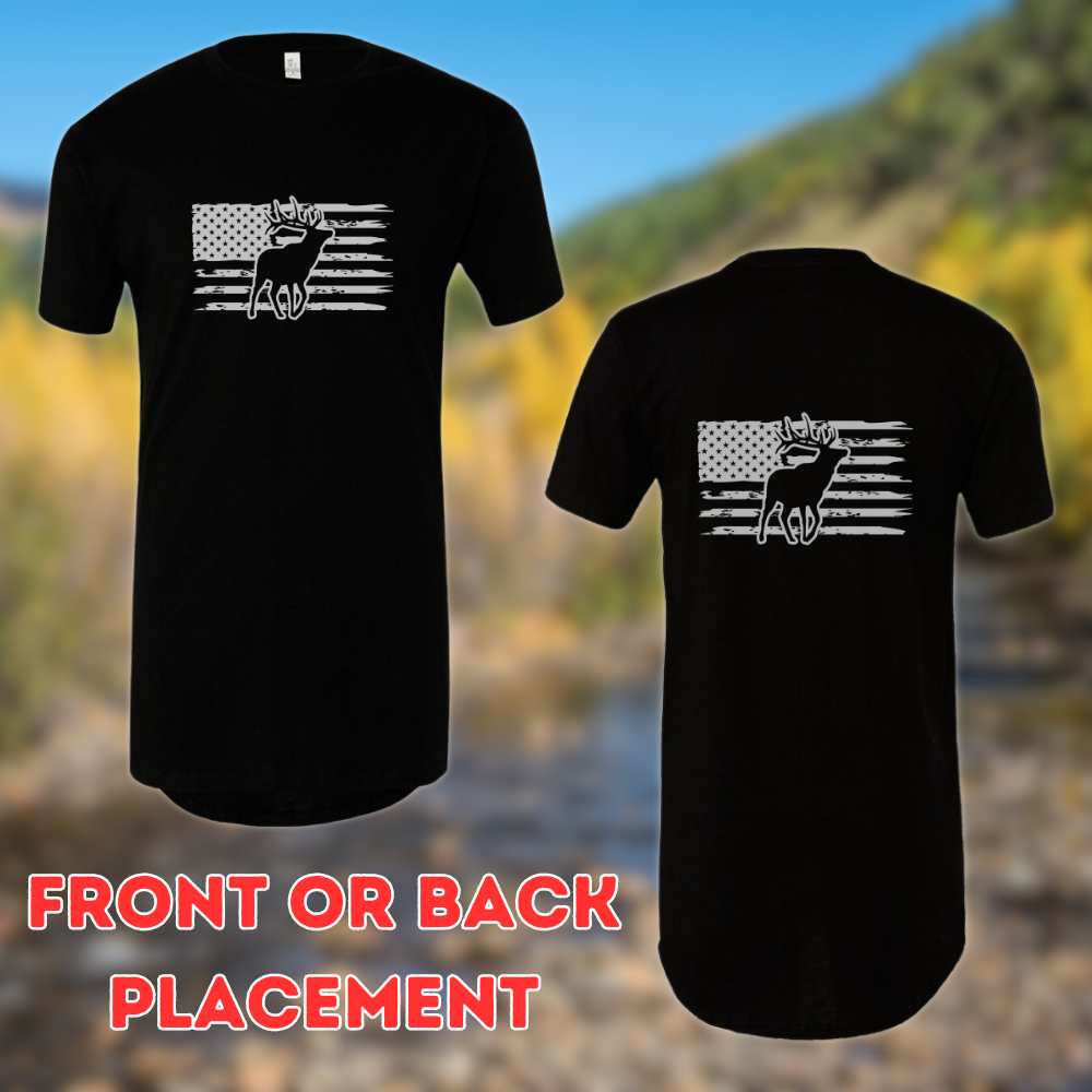 Athletic tall patriotic elk hunting t-shirt, American flag with a bull elk silhouette design