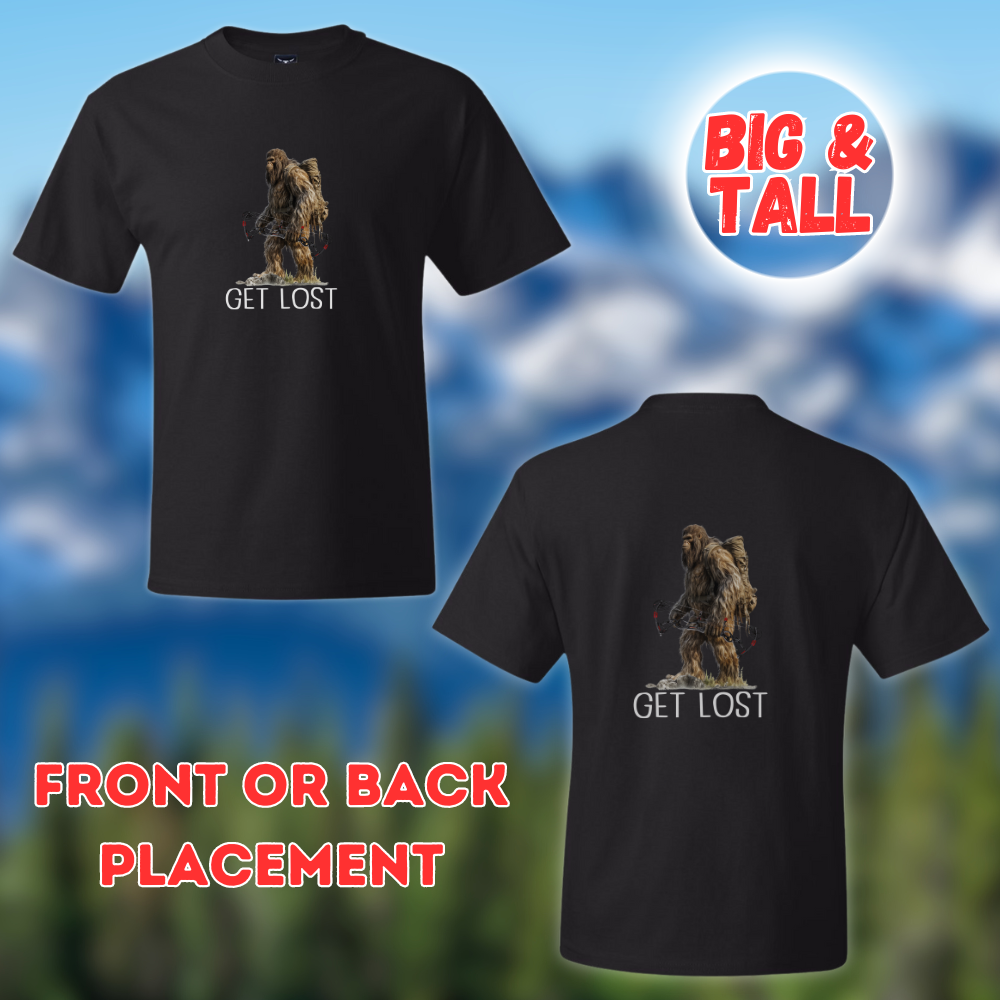 Big and tall bowhunting t-shirt, bigfoot with a hunting pack and bow with the words 