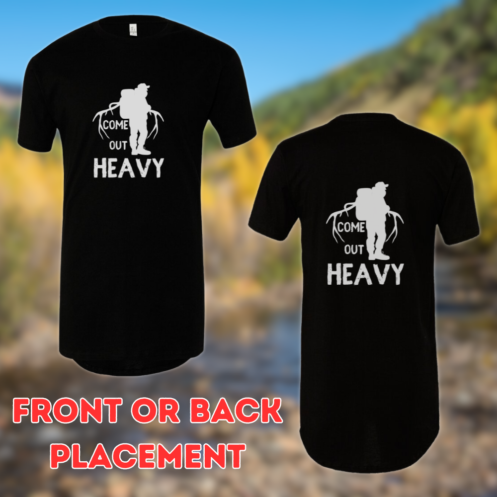 Athletic tall elk hunting t-shirt, man packing out a bull elk with the words 