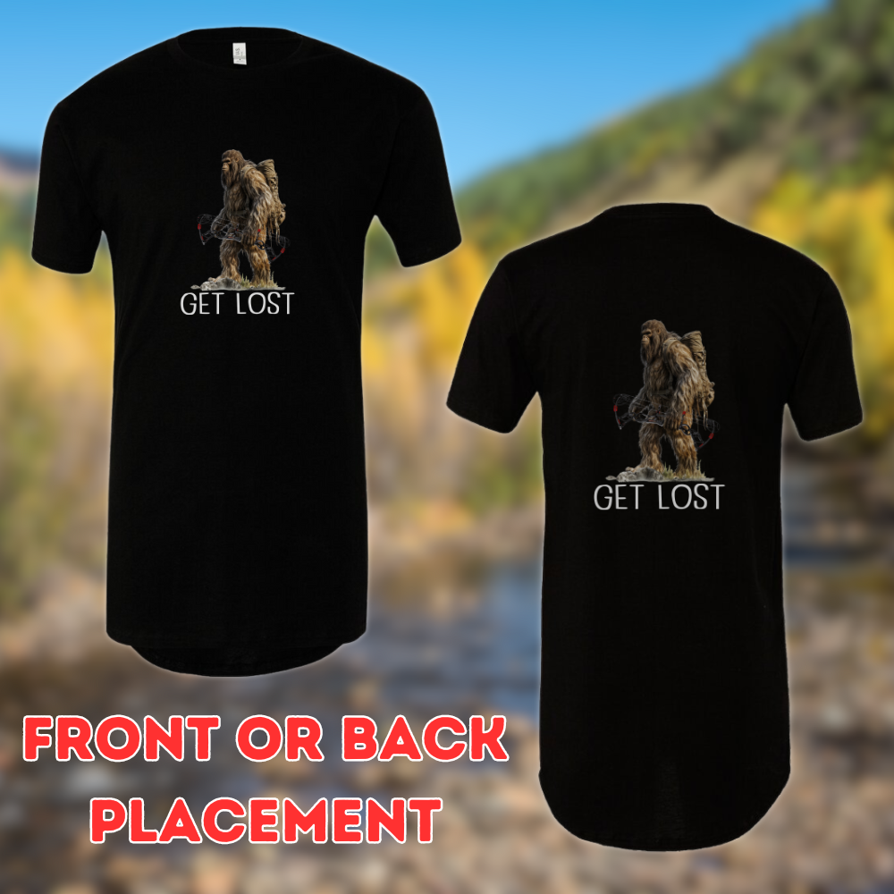 Athletic tall bowhunting t-shirt, design shows bigfoot with a hunting pack and a bow in hand with the words 