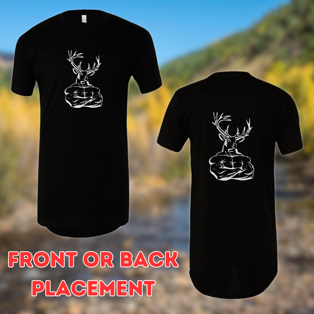 Athletic tall deer hunting t-shirt, muscle buck deer design 