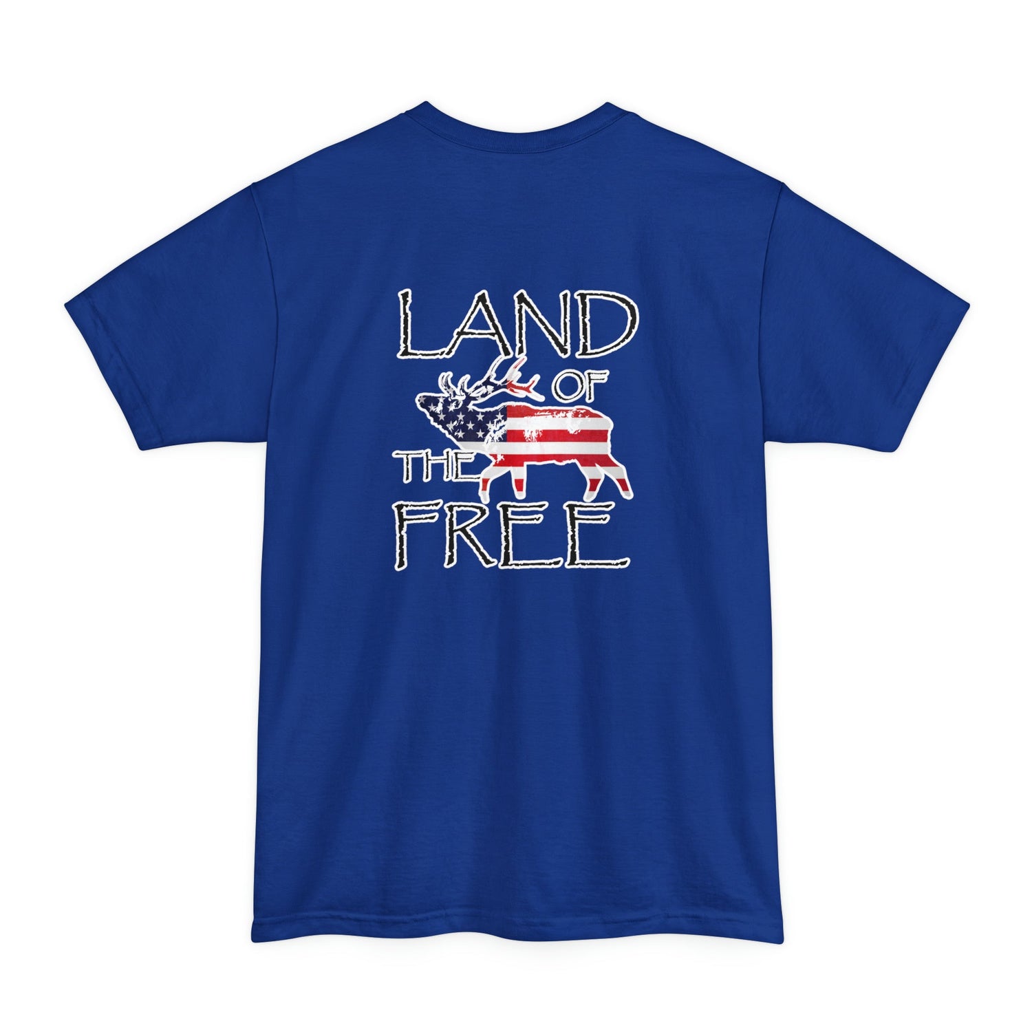 Big and tall patriotic elk hunting t-shirt, color blue, back design placement