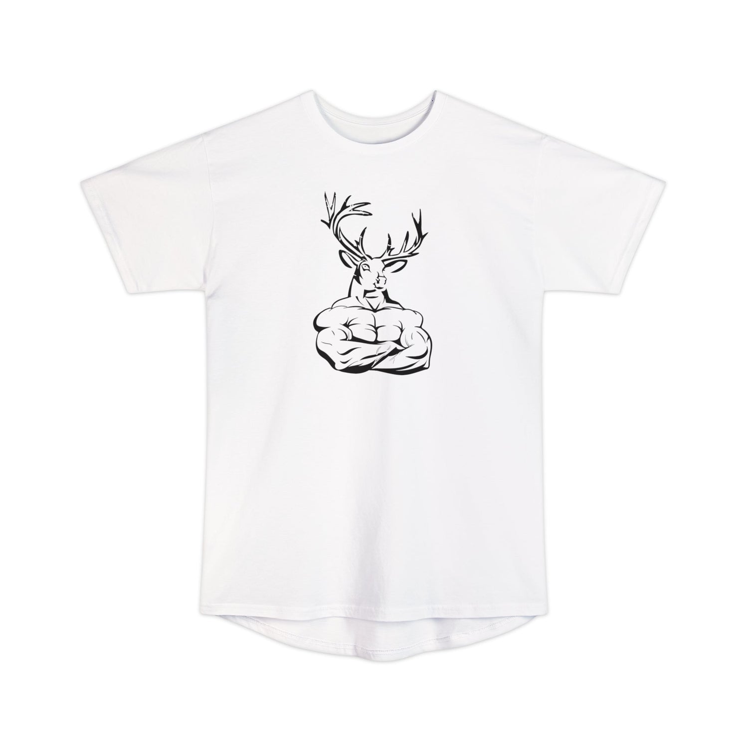 Athletic tall deer hunting t-shirt, color white, front design placement