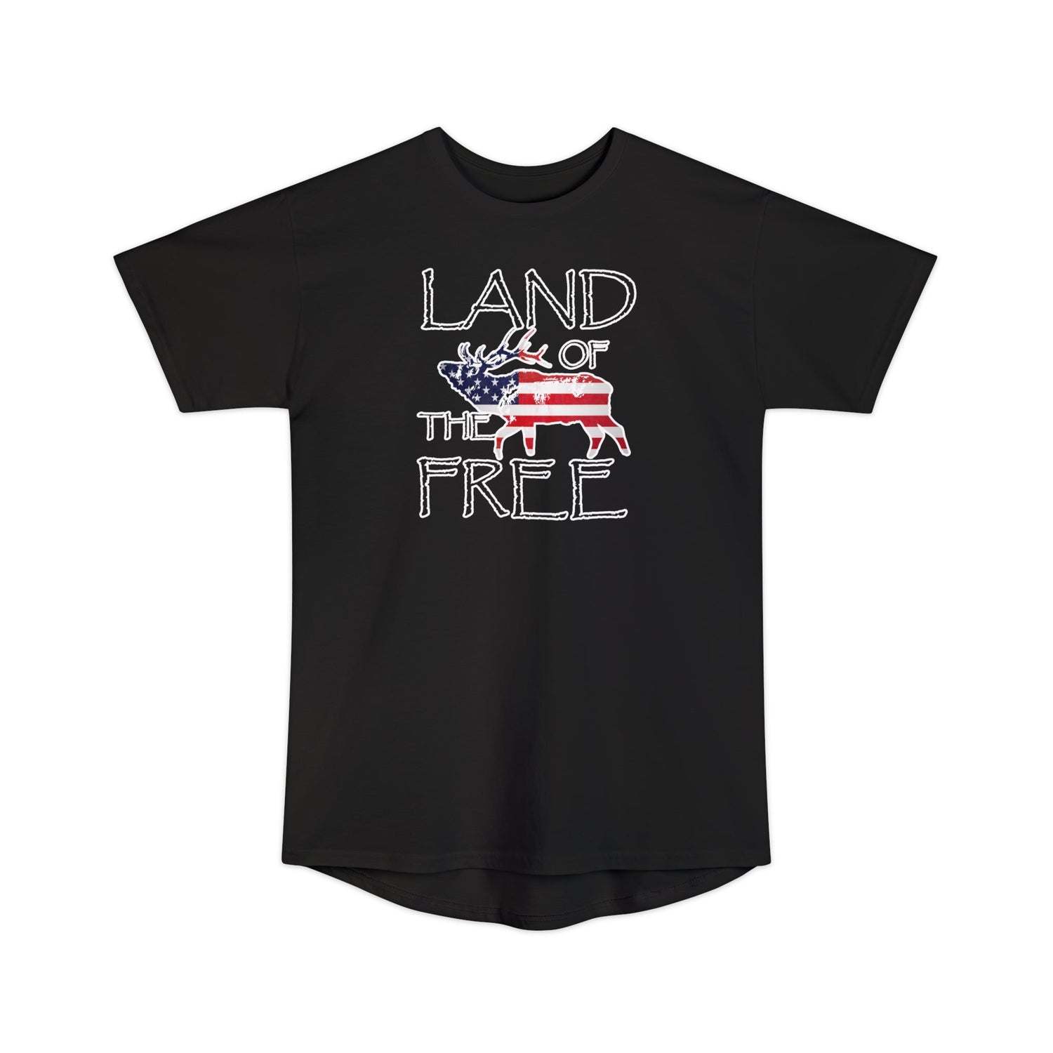 Athletic tall patriotic elk hunting t-shirt, color black, front design placement