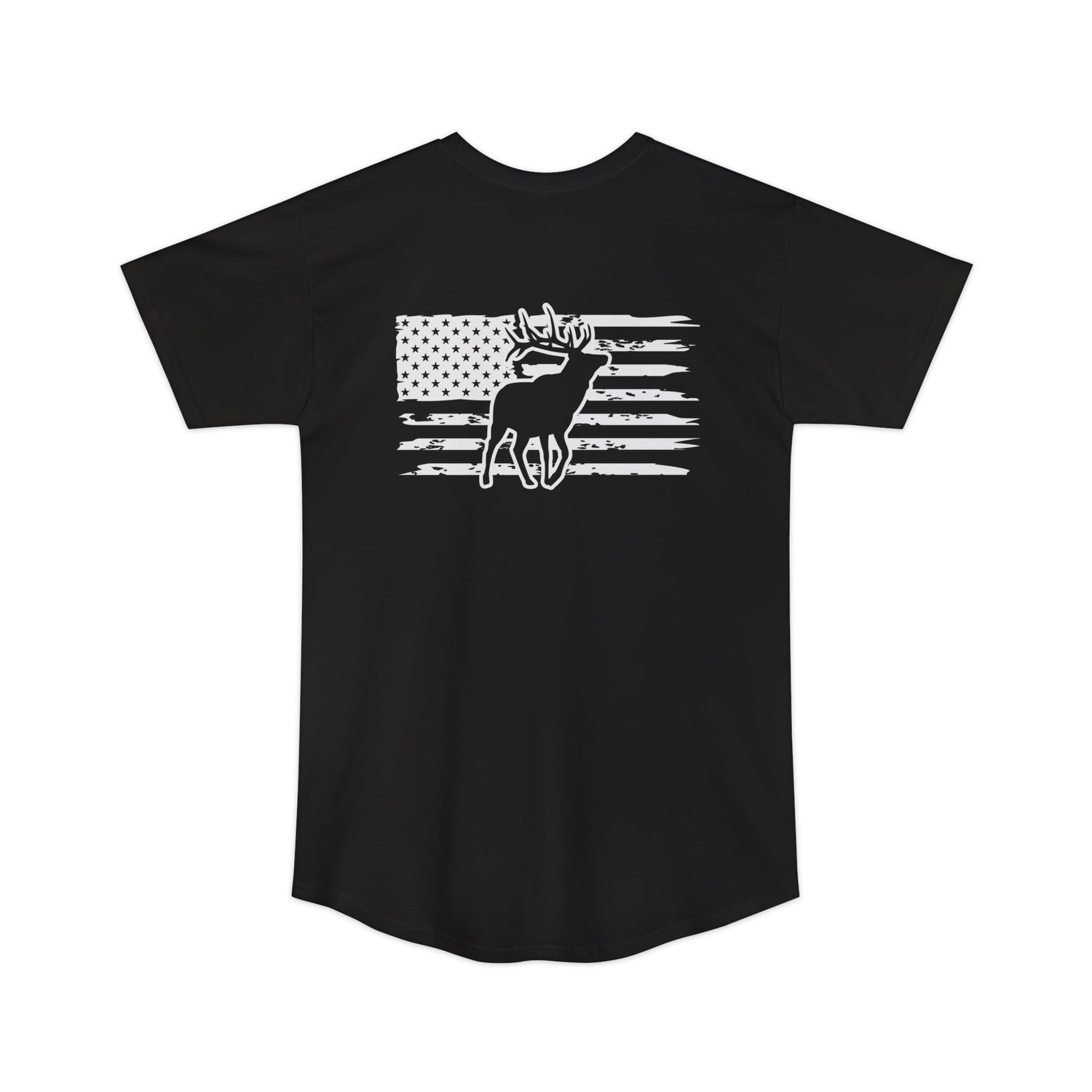 Athletic tall patriotic elk hunting t-shirt, color black, back design placement
