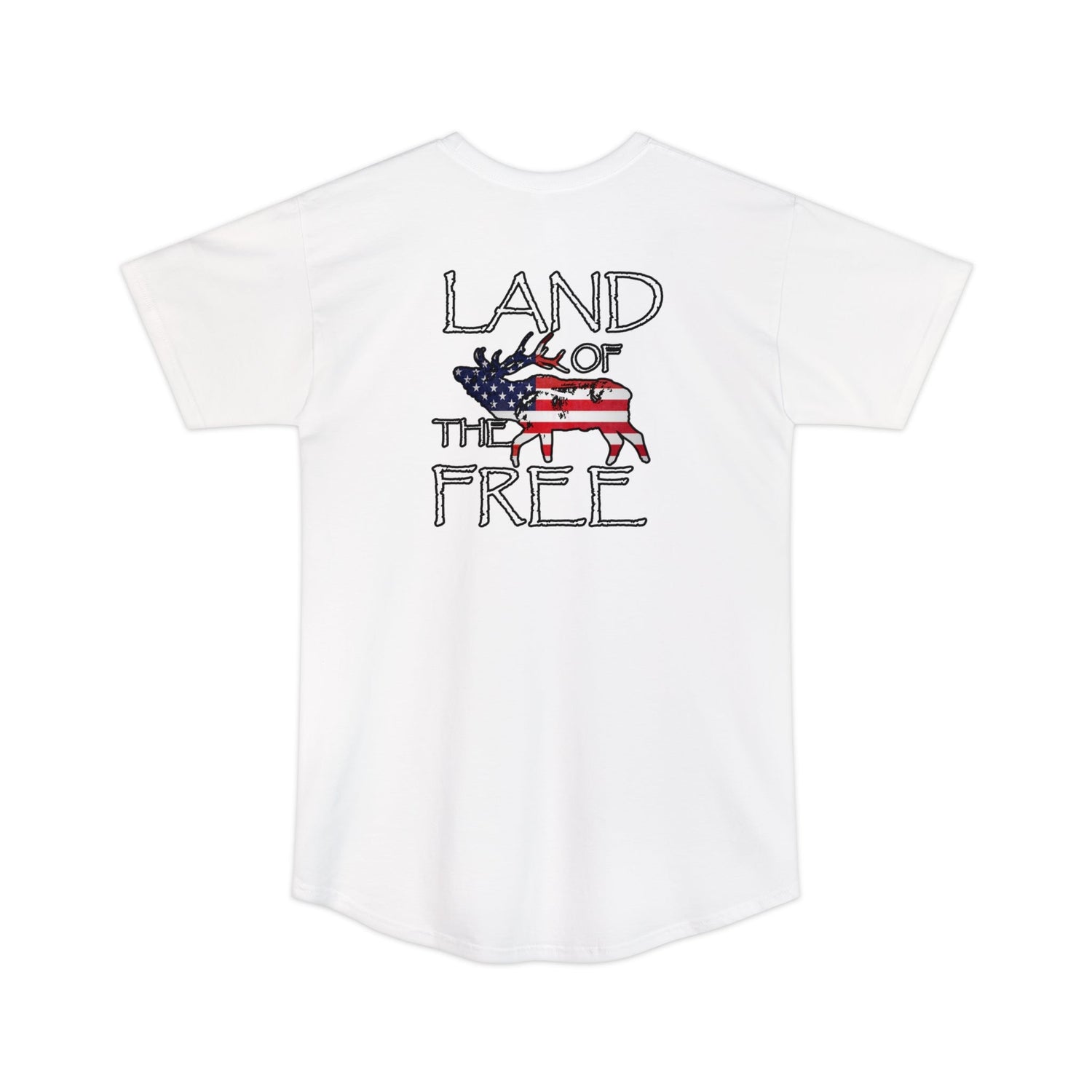 Athletic tall patriotic elk hunting t-shirt, color white, back design placement
