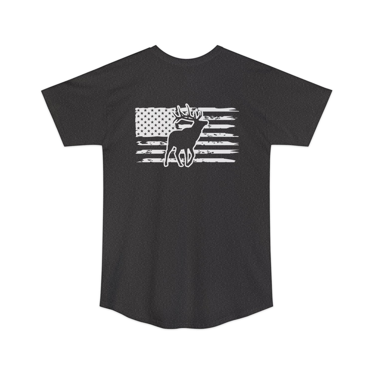 Athletic tall patriotic elk hunting t-shirt, color dark grey, back design placement