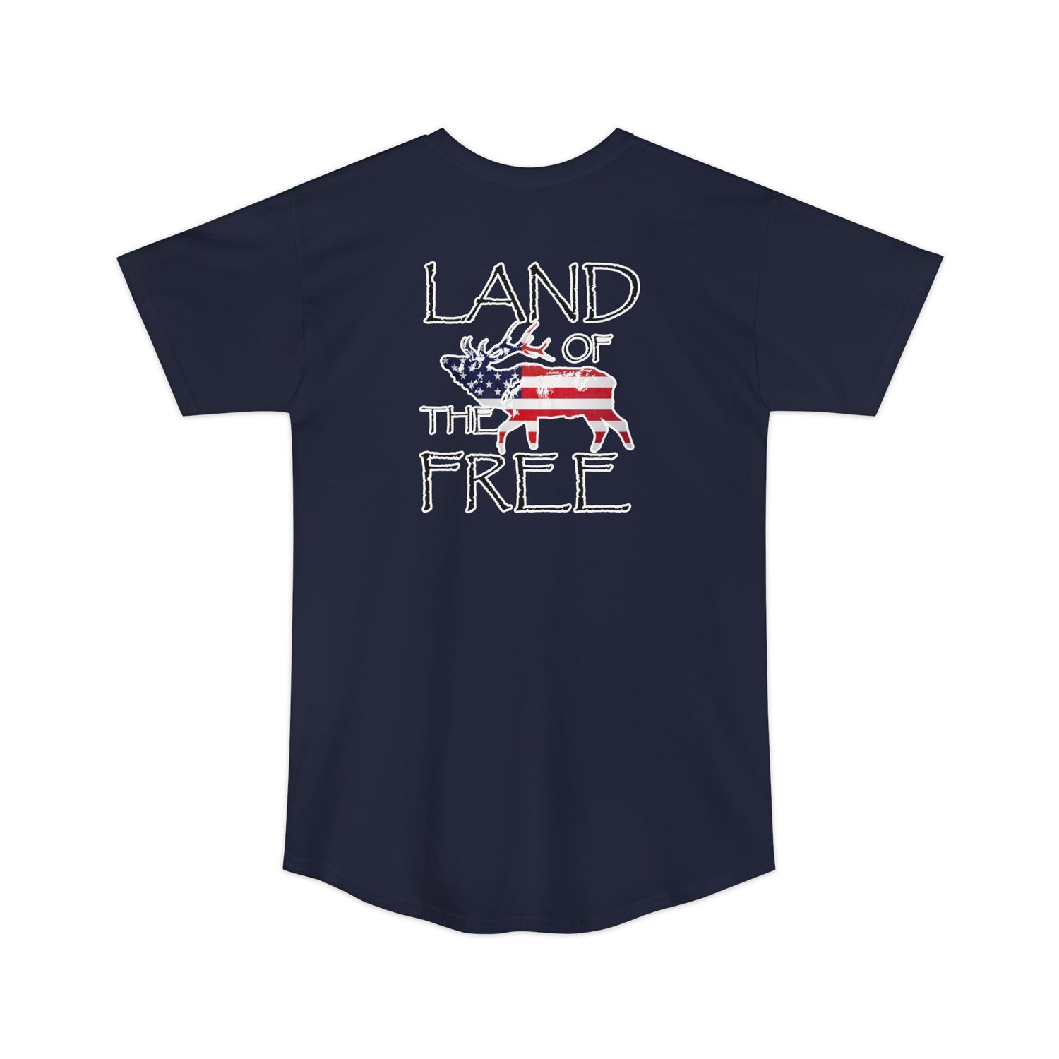 Athletic tall patriotic elk hunting t-shirt, color navy, back design placement