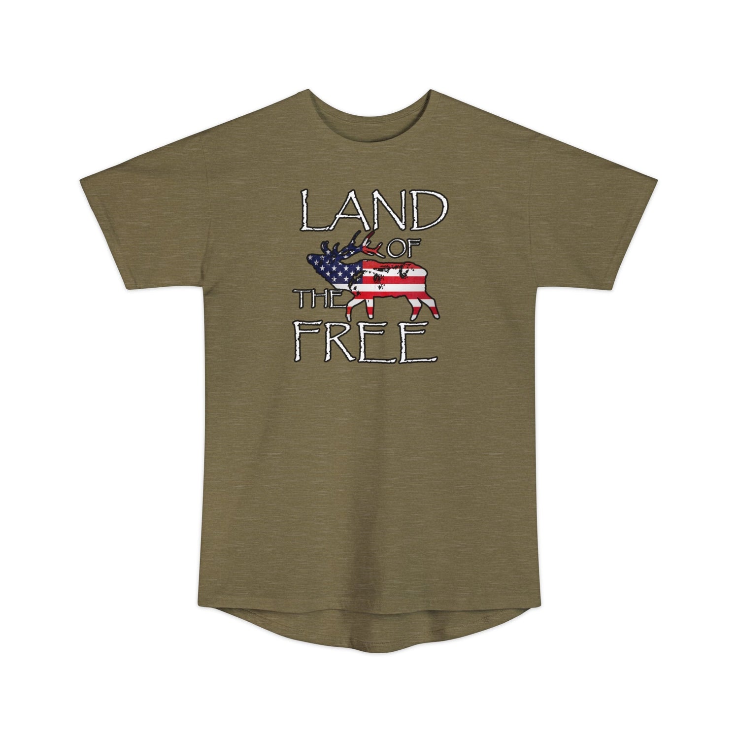 Athletic tall patriotic elk hunting t-shirt, color tan, front design placement