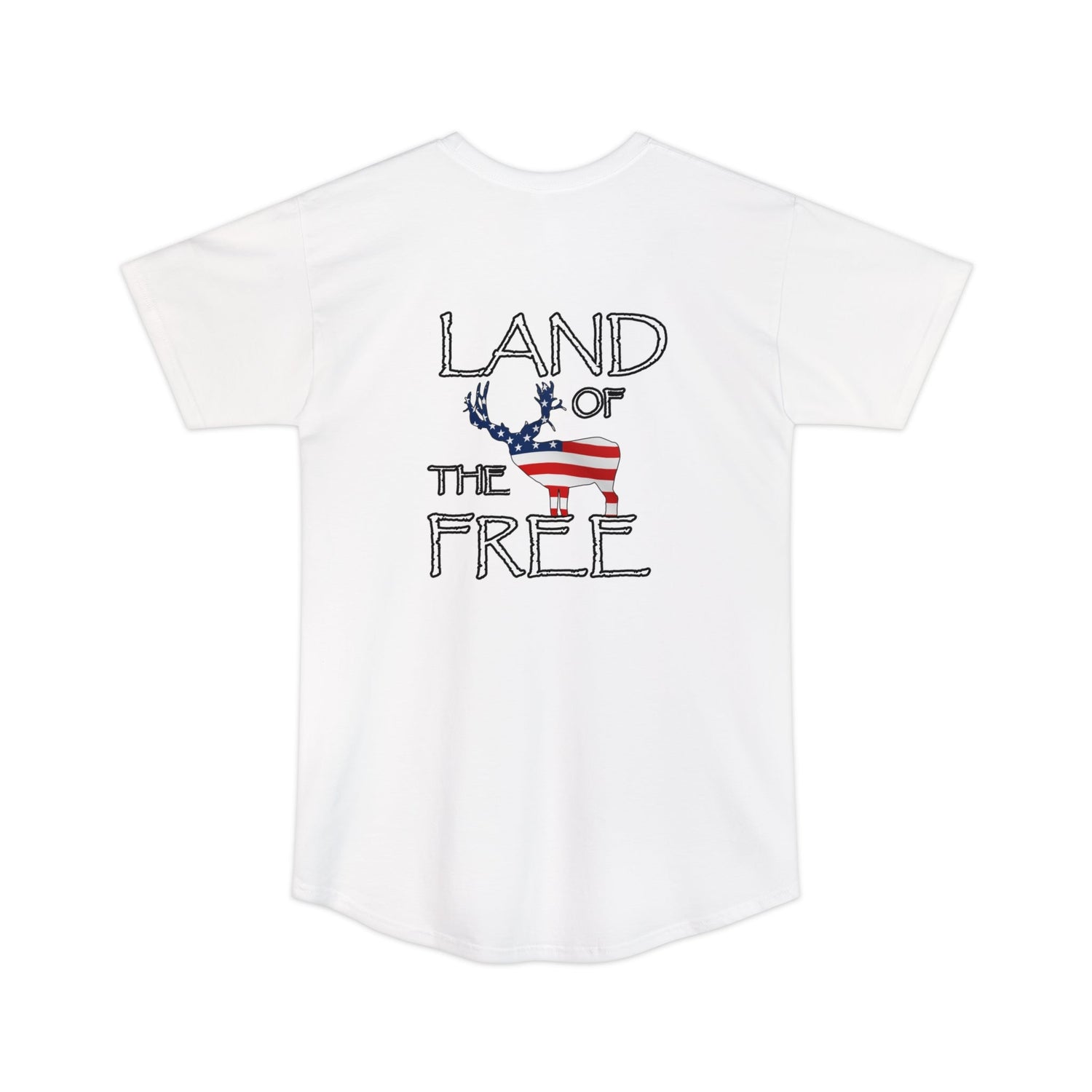 Athletic tall patriotic deer hunting t-shirt, color white, back design placement