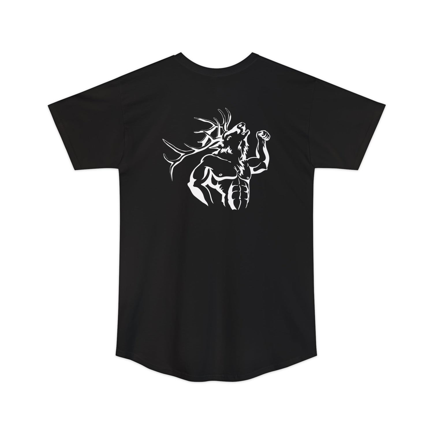 Athletic tall elk hunting t-shirt, color black, back design placement