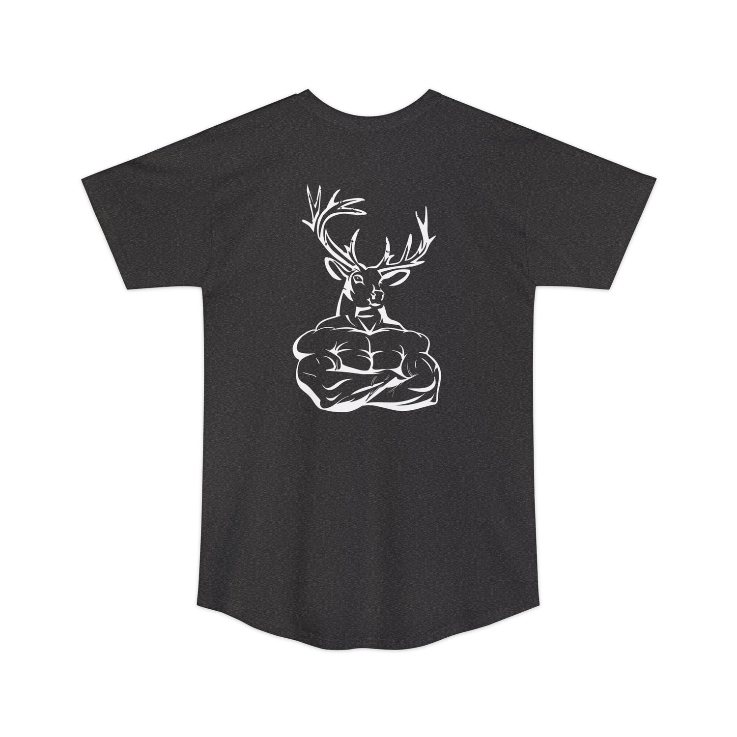 Athletic tall deer hunting t-shirt, color dark grey, back design placement