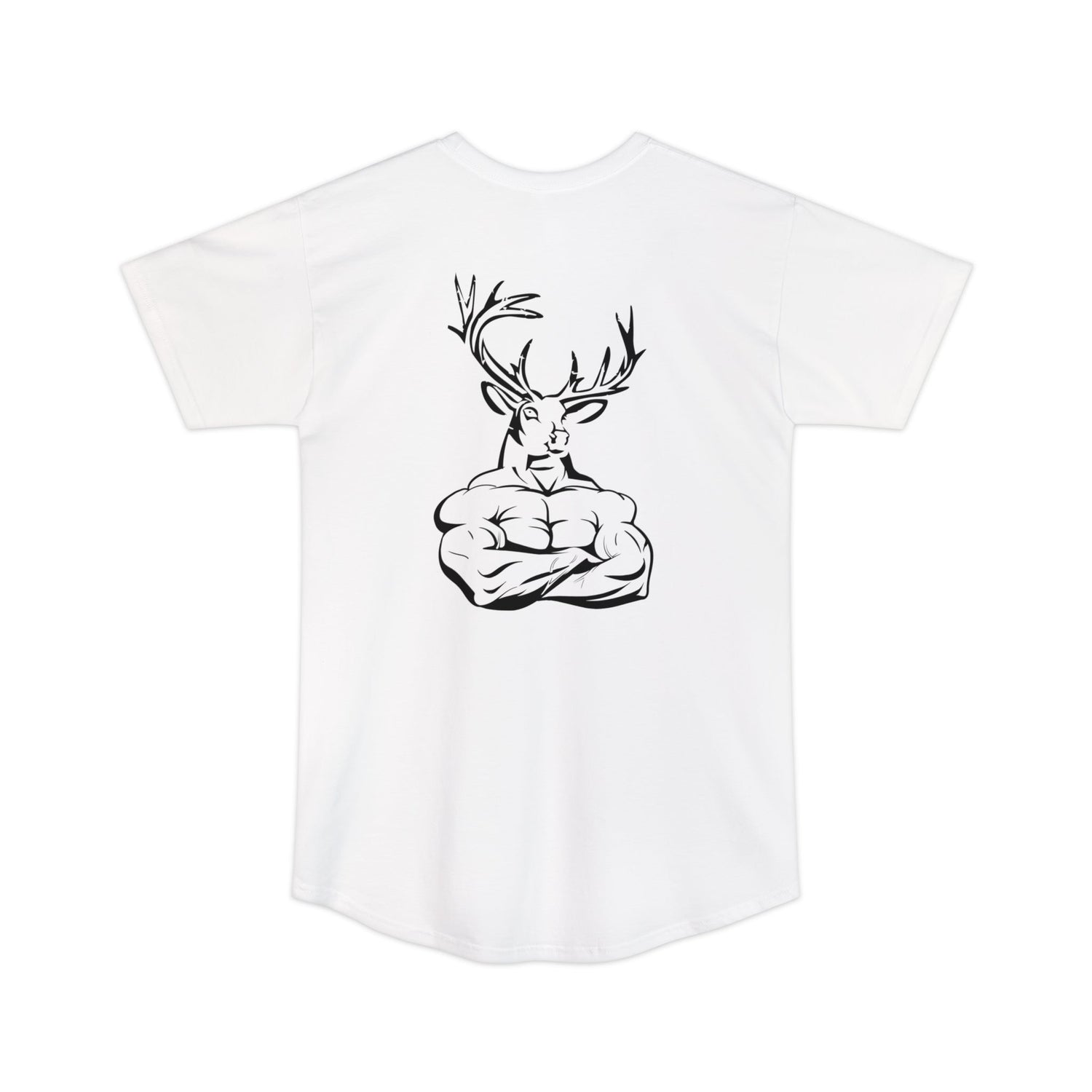Athletic tall deer hunting t-shirt, color white, back design placement