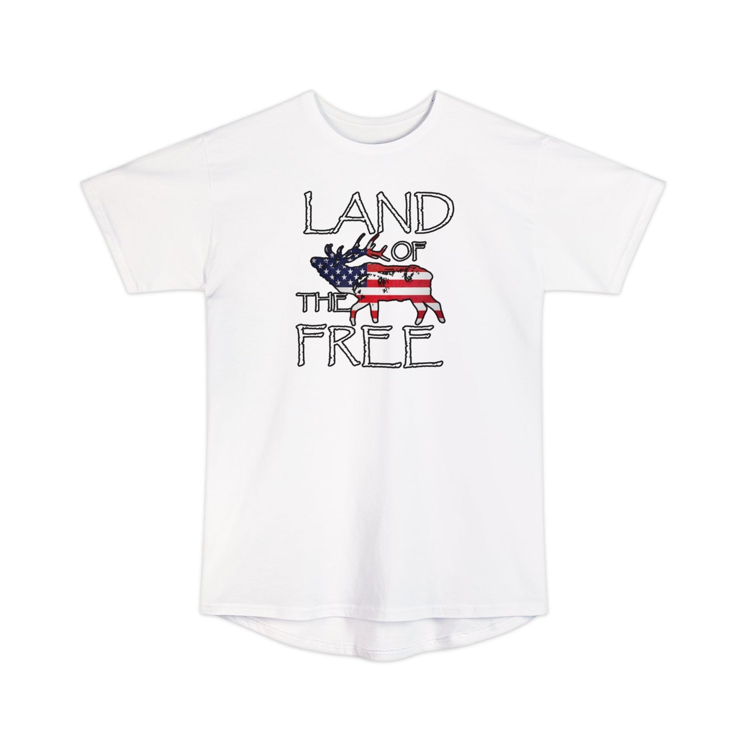 Athletic tall patriotic elk hunting t-shirt, color white, front design placement