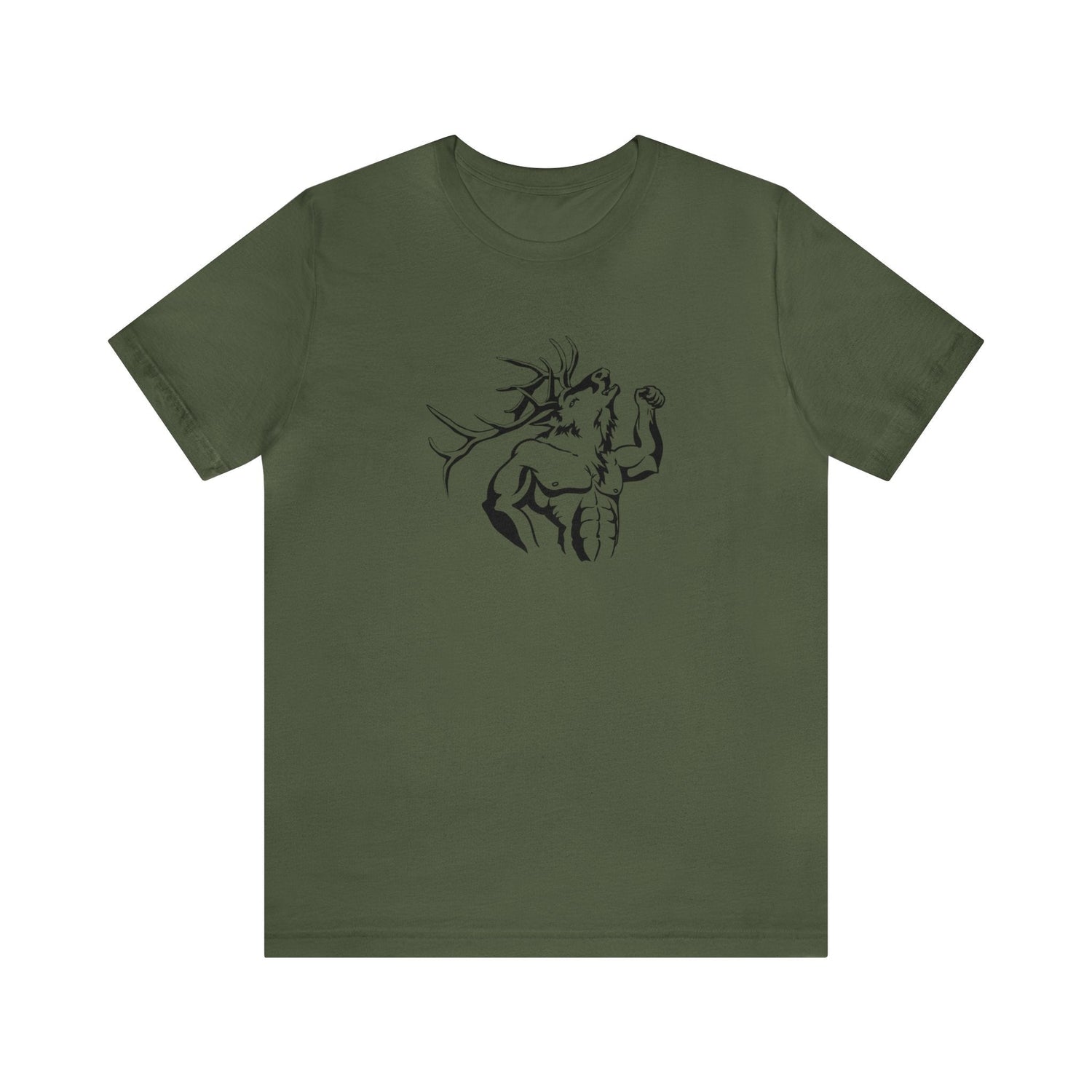 Western elk hunting t-shirt, color military green, front design placement