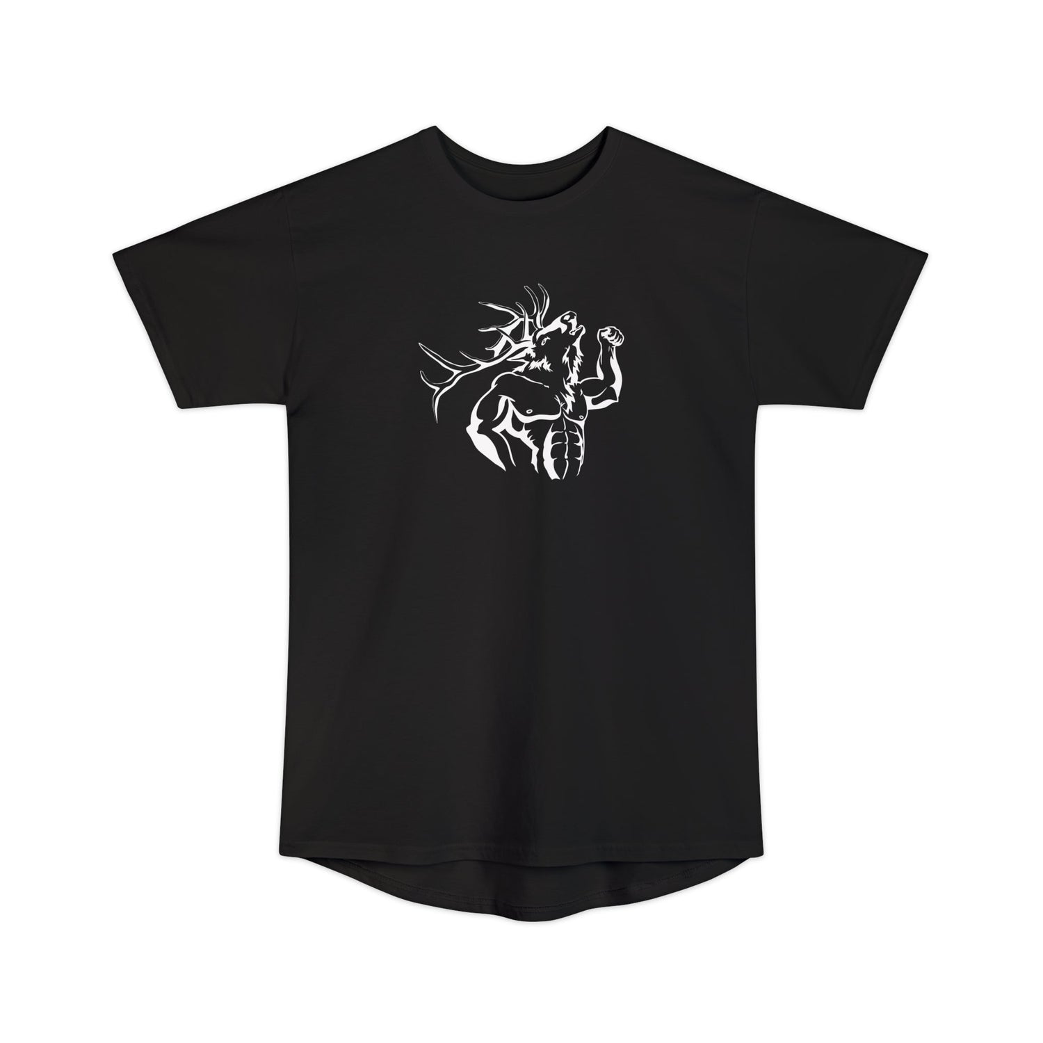 Athletic tall elk hunting t-shirt, color black, front design placement