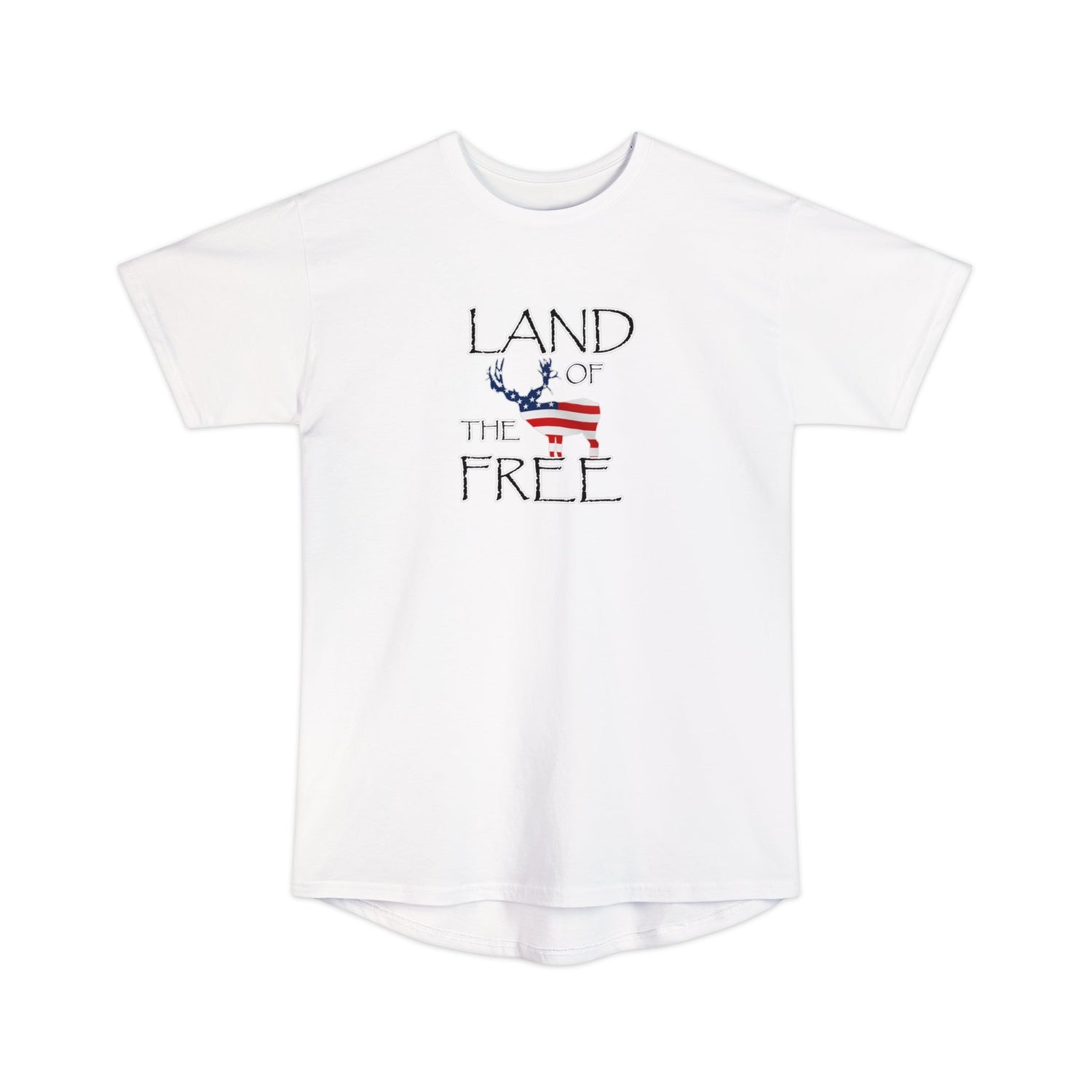 Athletic tall patriotic deer hunting t-shirt, color white, front design placement