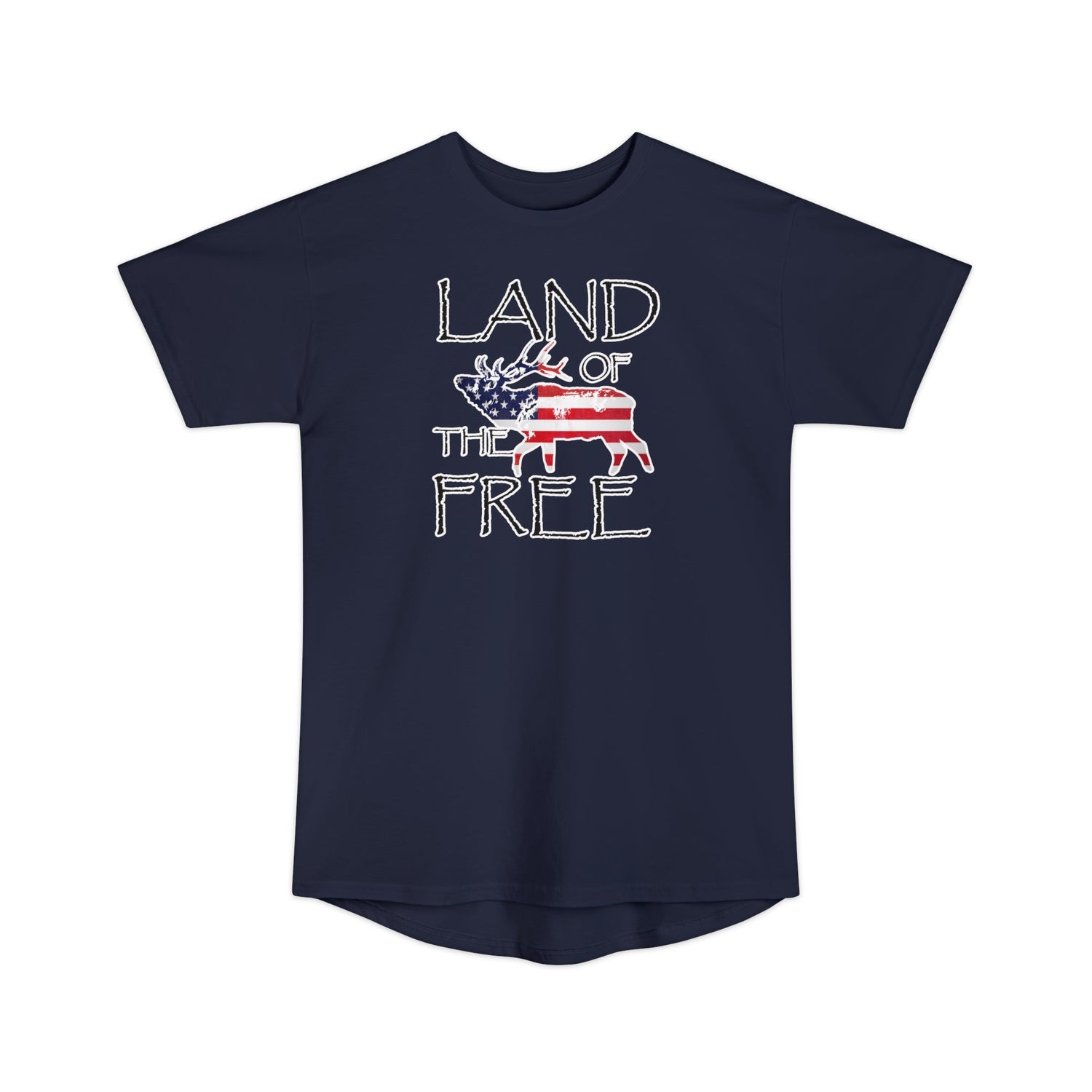 Athletic tall patriotic elk hunting t-shirt, color navy, front design placement