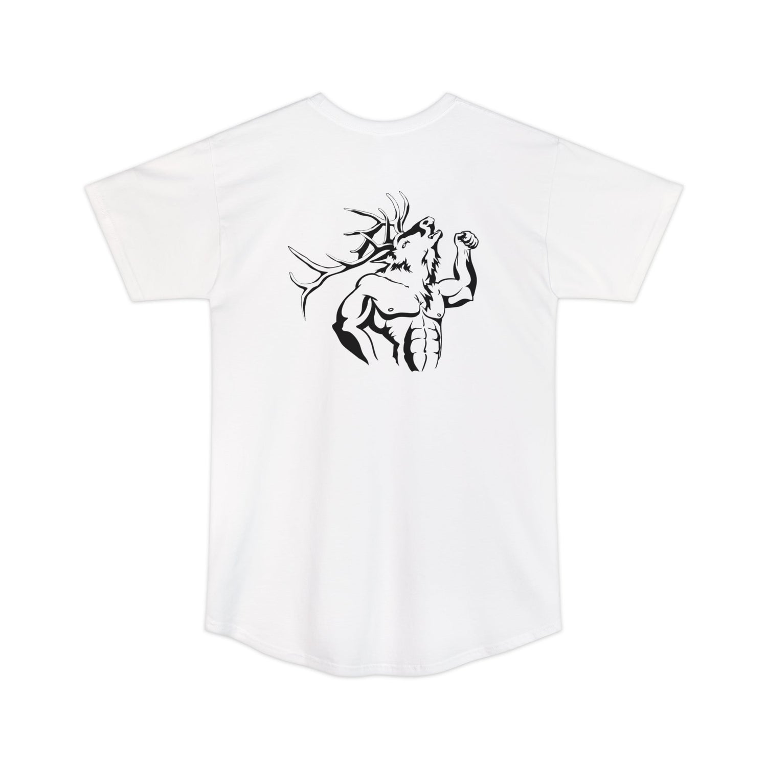 Athletic tall elk hunting t-shirt, color white, back design placement
