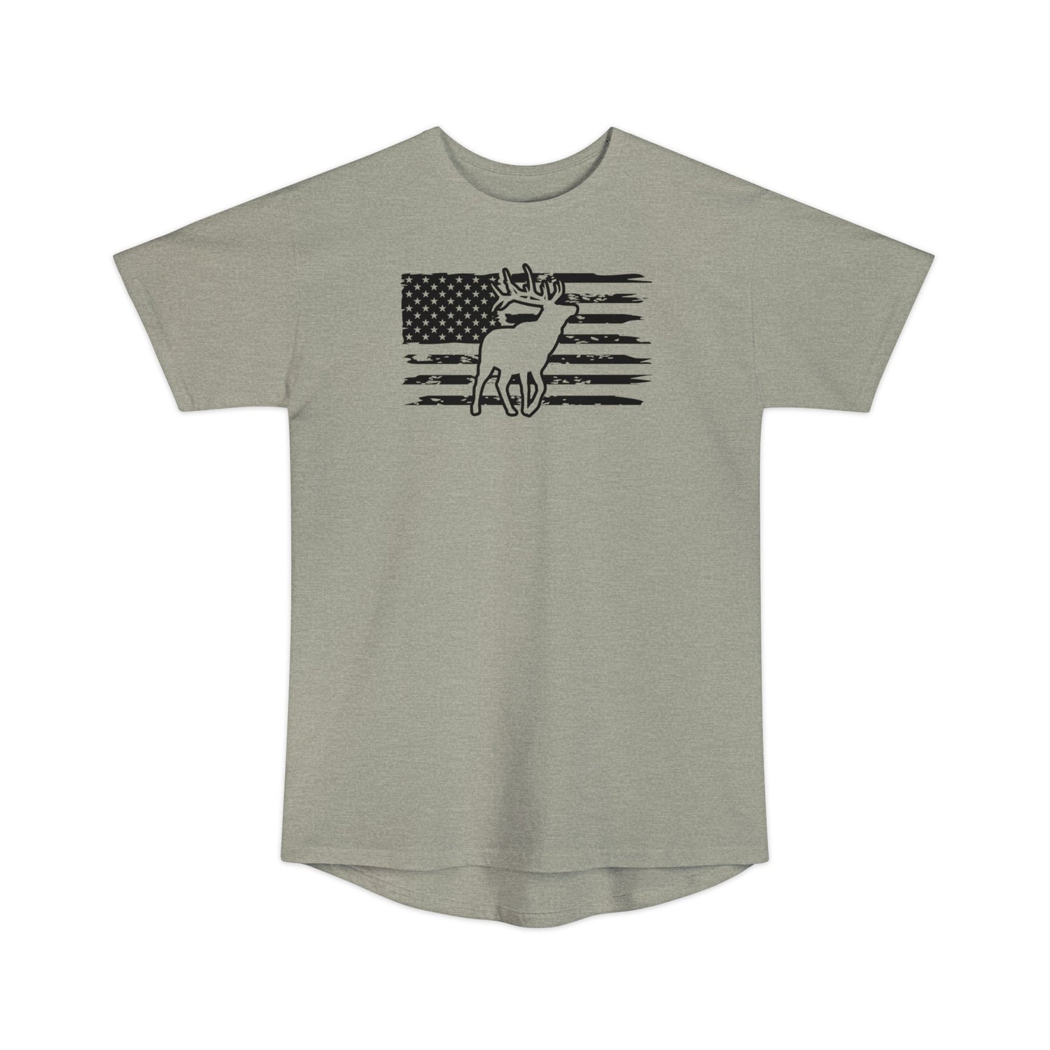 Athletic tall patriotic elk hunting t-shirt, color light grey, front design placement