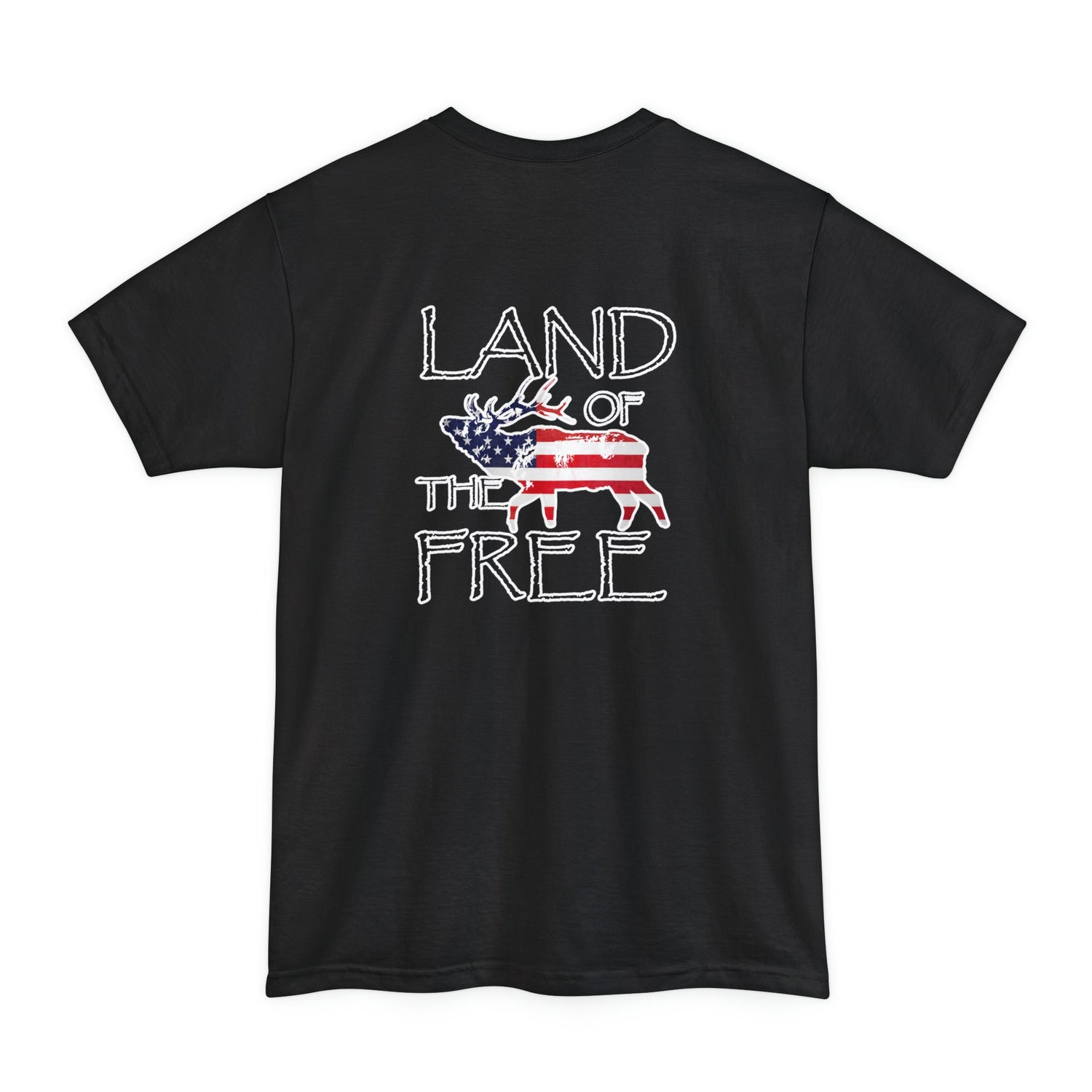 Big and tall patriotic elk hunting t-shirt, color black, back design placement