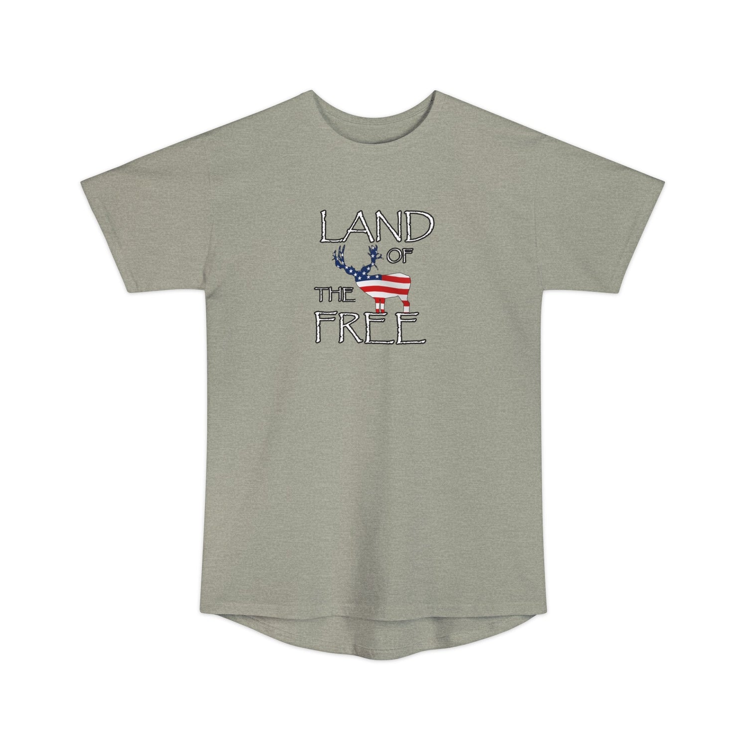 Athletic tall patriotic deer hunting t-shirt, color light grey, front design placement