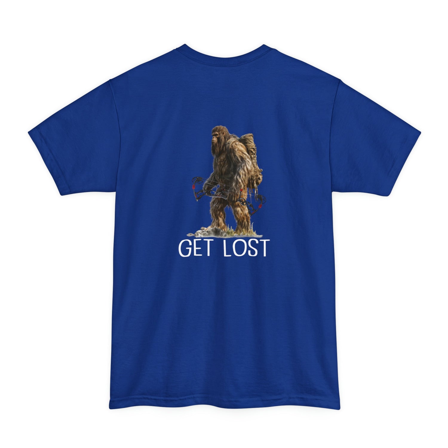 Big and tall bowhunting t-shirt, color blue, black design placement