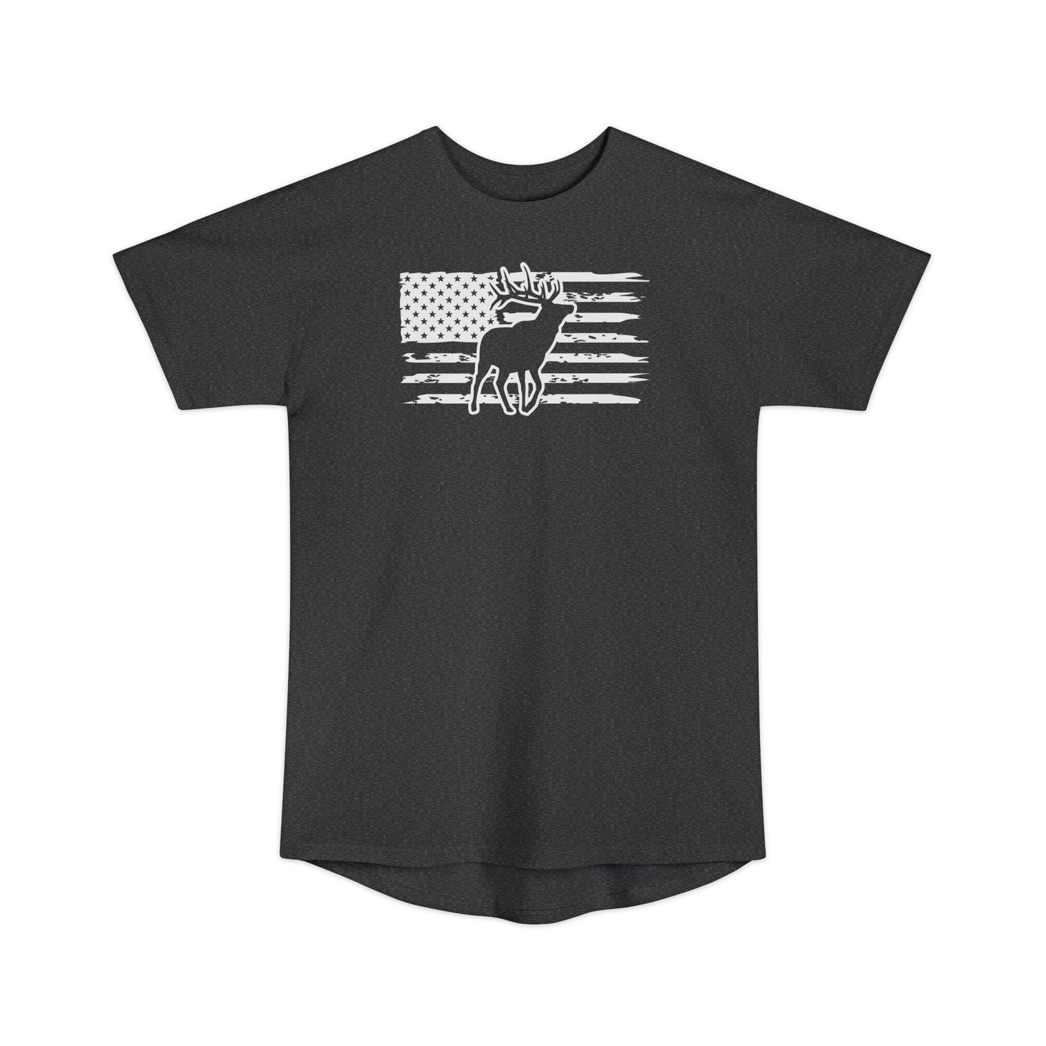 Athletic tall patriotic elk hunting t-shirt, color dark grey, front design placement