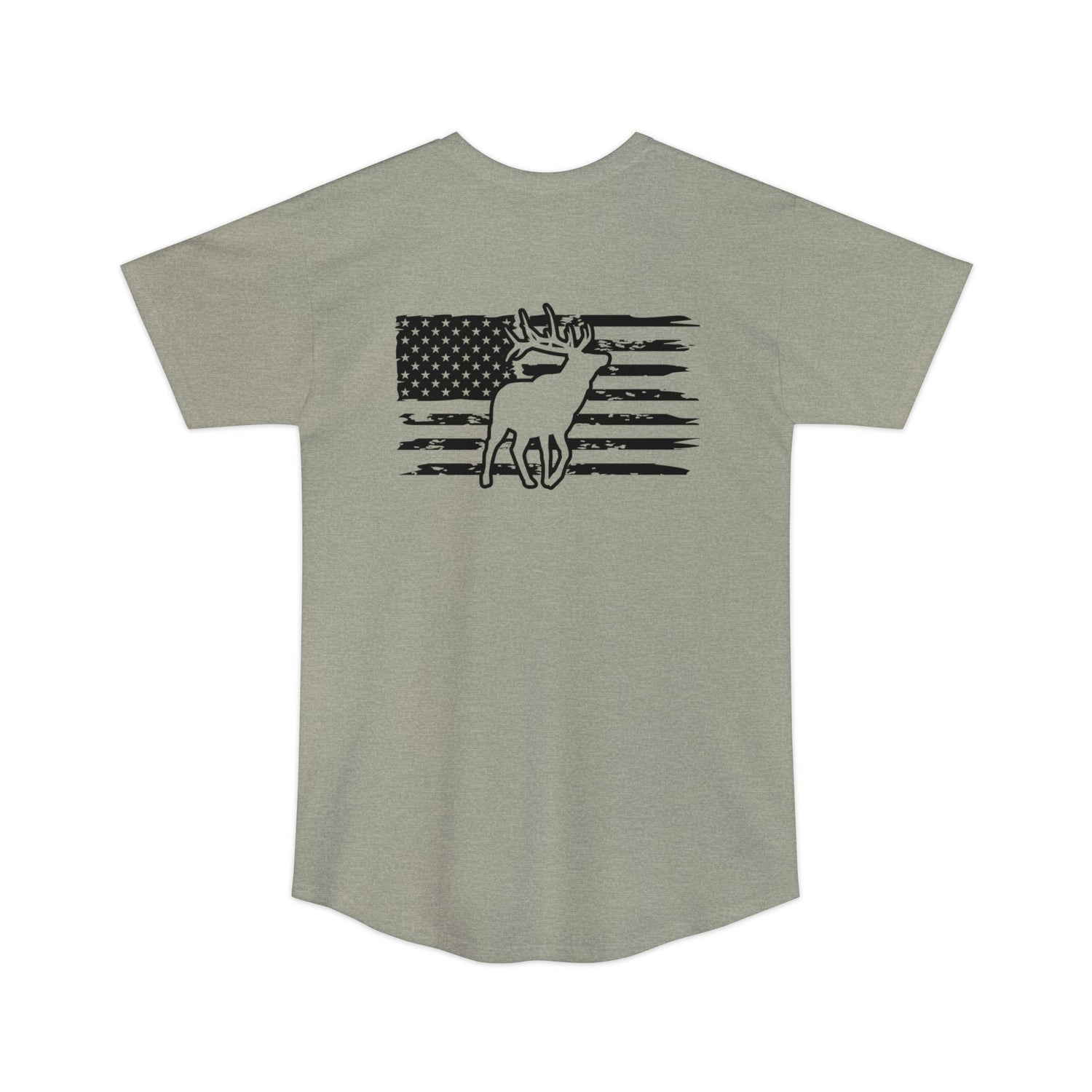 Athletic tall patriotic elk hunting t-shirt, color light grey, back design placement