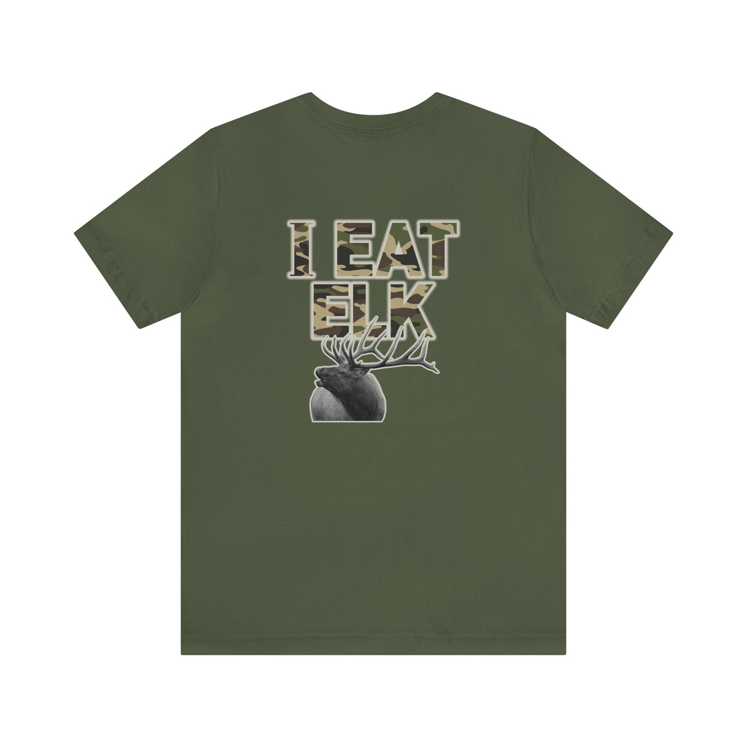 Western elk hunting t-shirt, color military green, back design placement