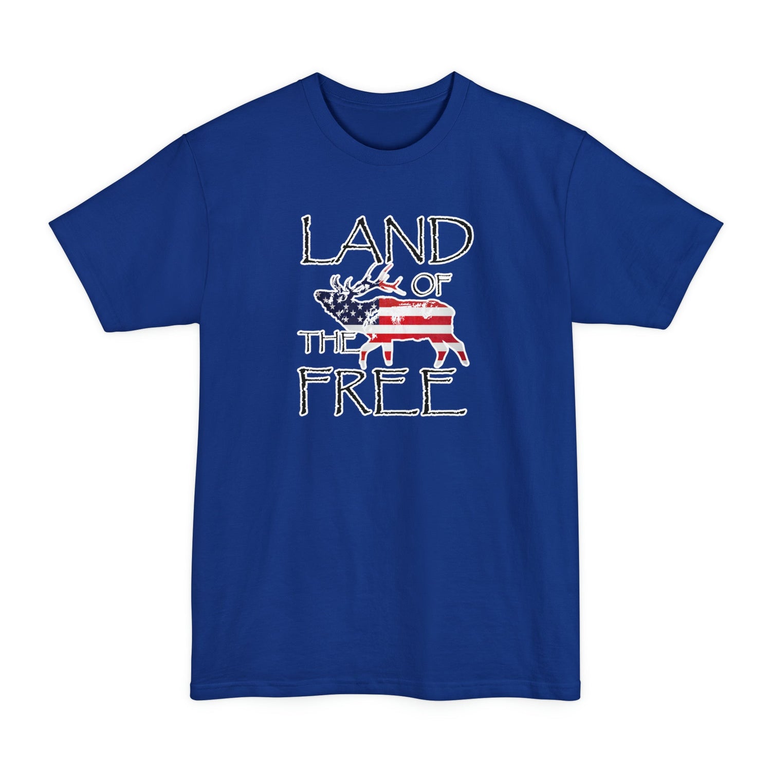 Big and tall patriotic elk hunting t-shirt, color blue, front design placement