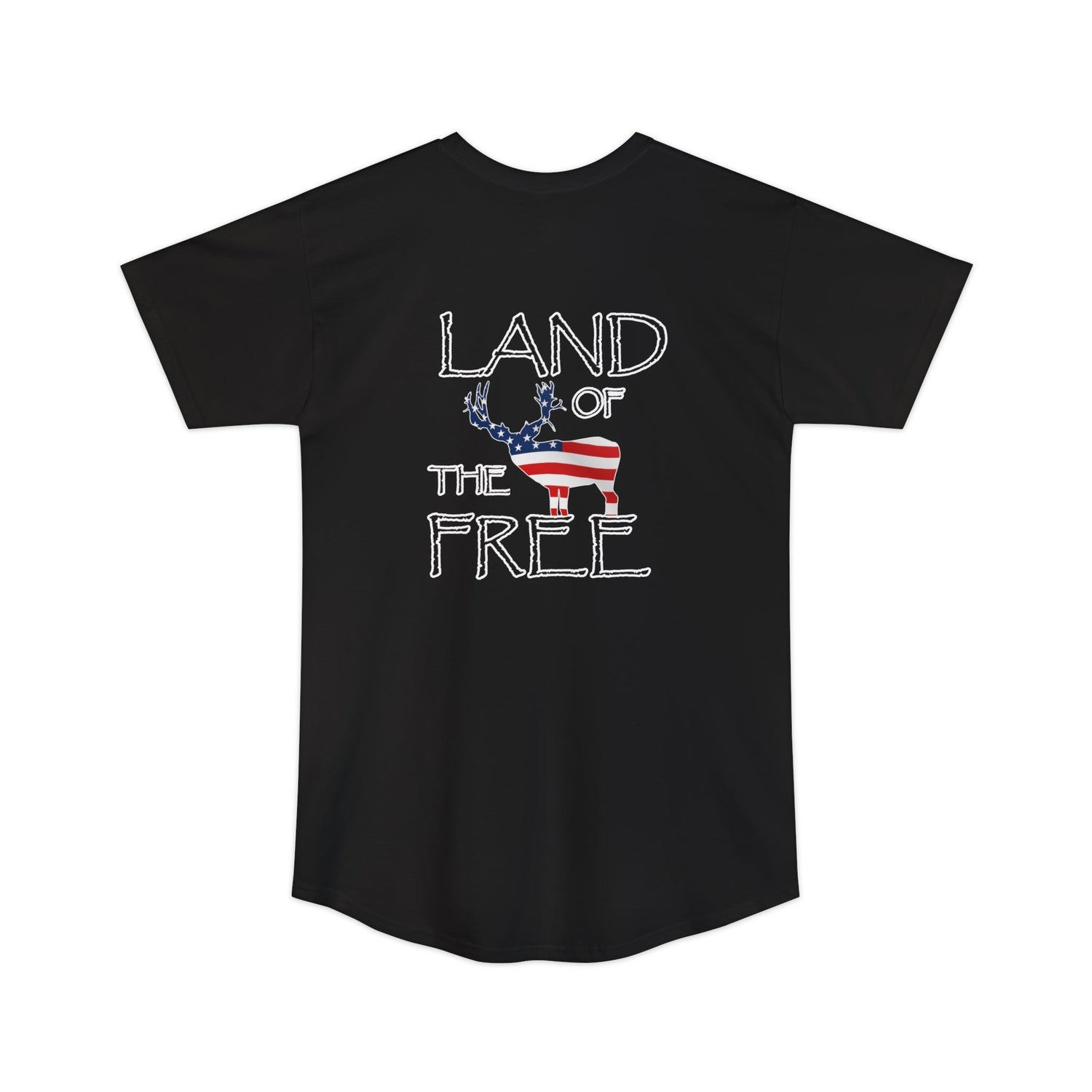 Athletic tall patriotic deer hunting t-shirt, color black, back design placement