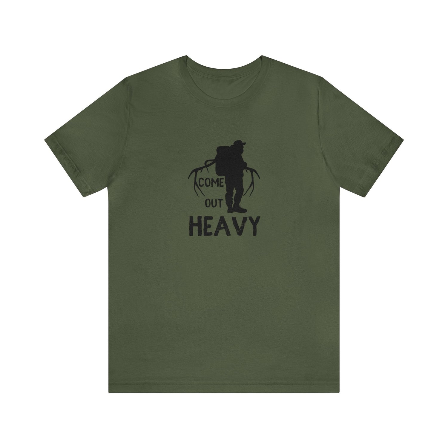 Western elk hunting t-shirt, color military green, front design placement