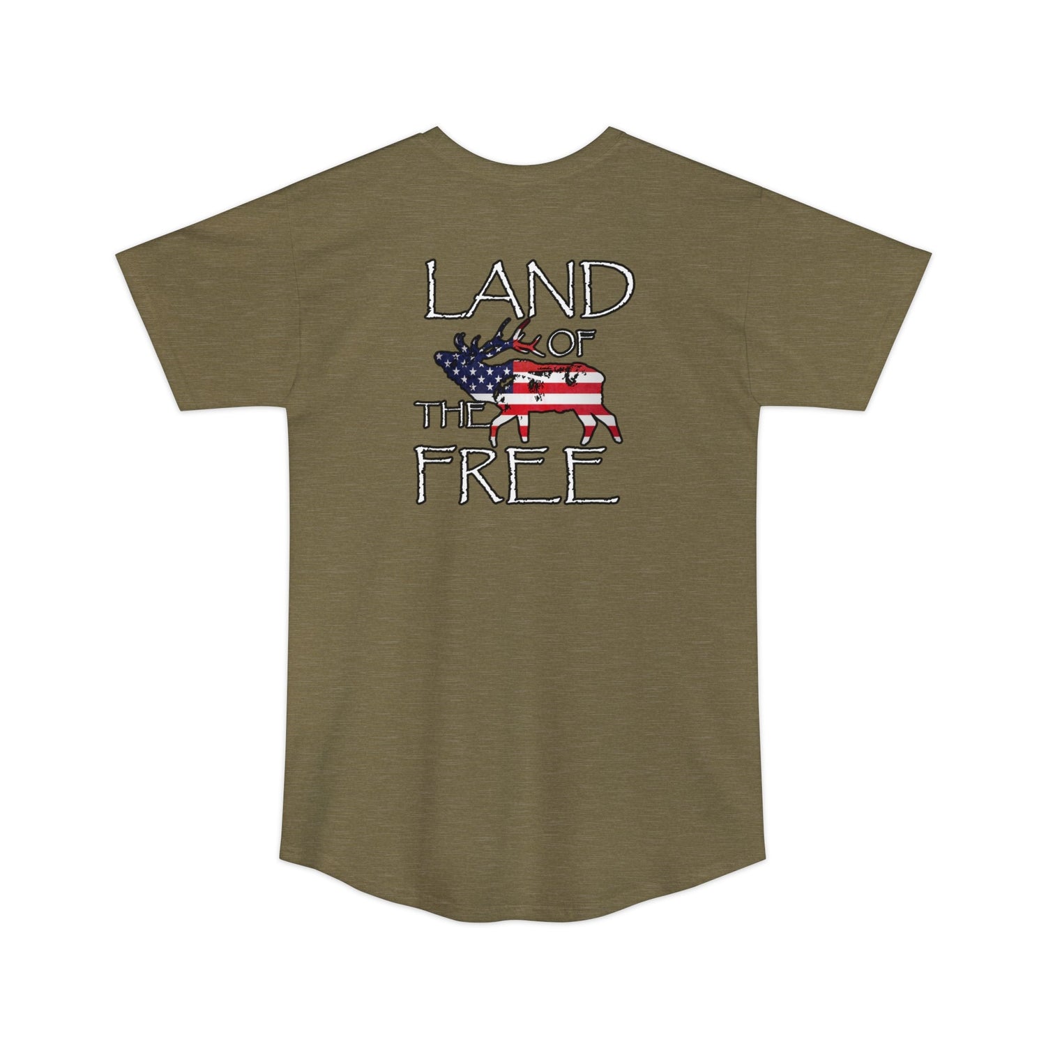 Athletic tall patriotic elk hunting t-shirt, color tan, back design placement