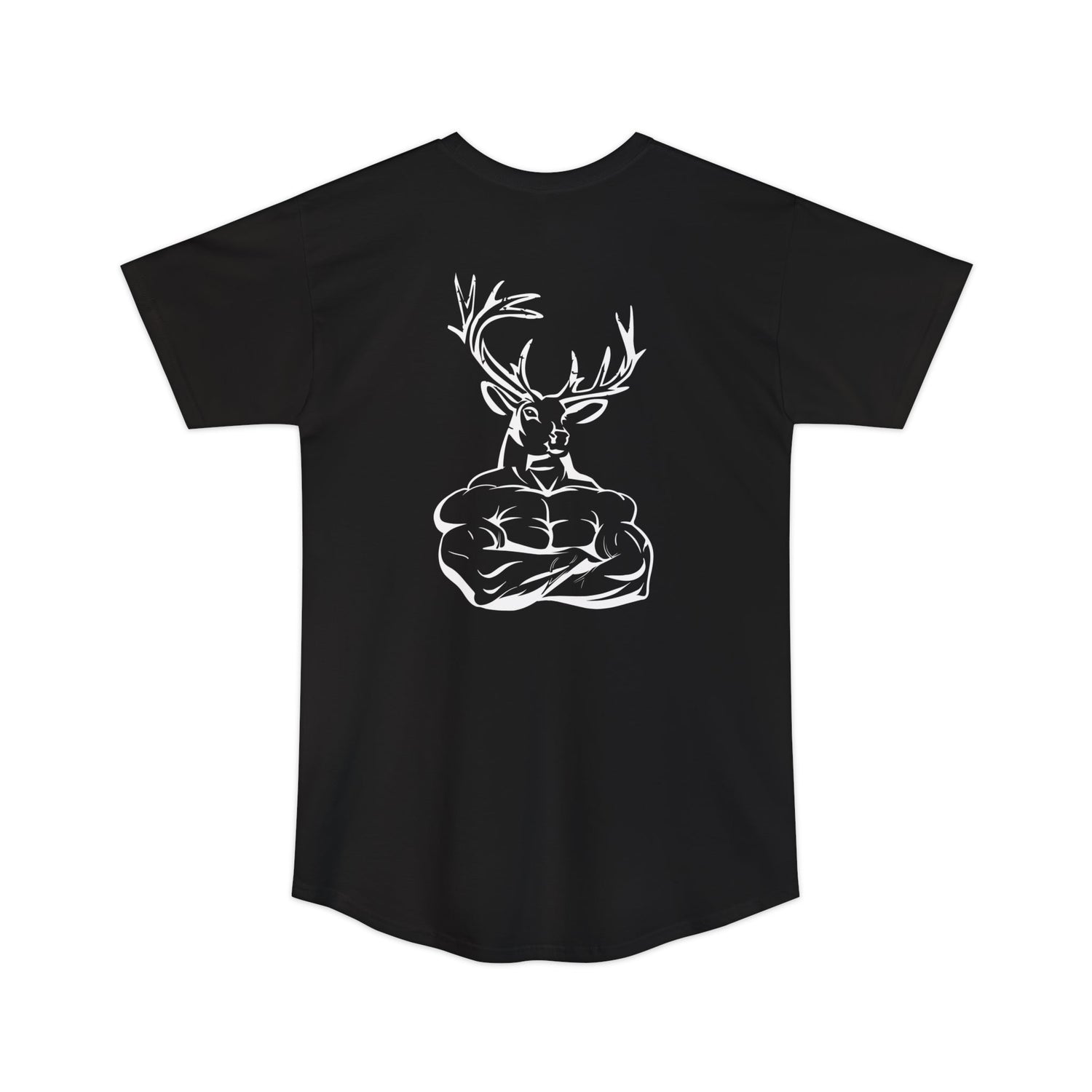 Athletic tall deer hunting t-shirt, color black, back design placement