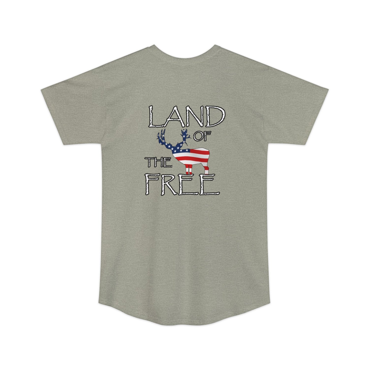 Athletic tall patriotic deer hunting t-shirt, color light grey, back design placement