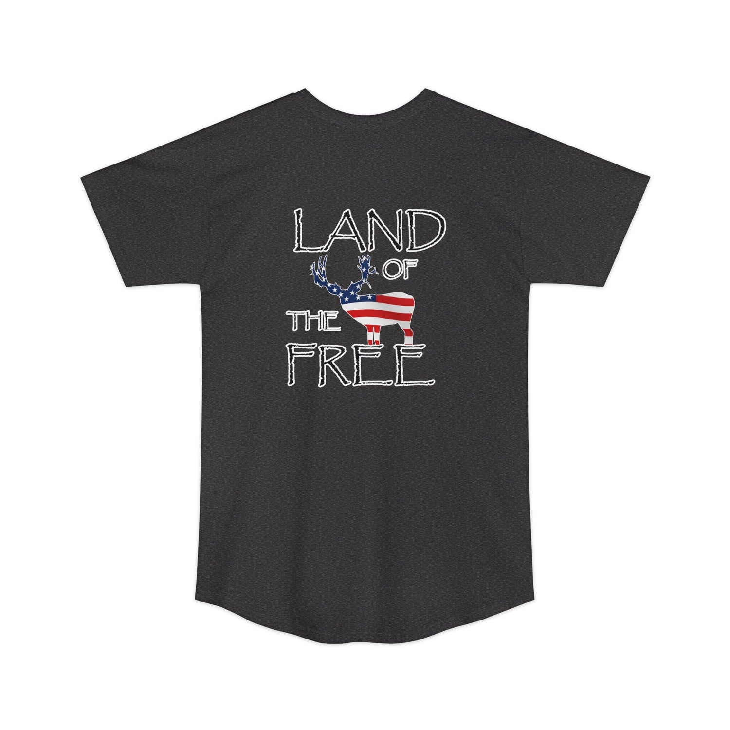 Athletic tall patriotic deer hunting t-shirt, color dark grey, back design placement
