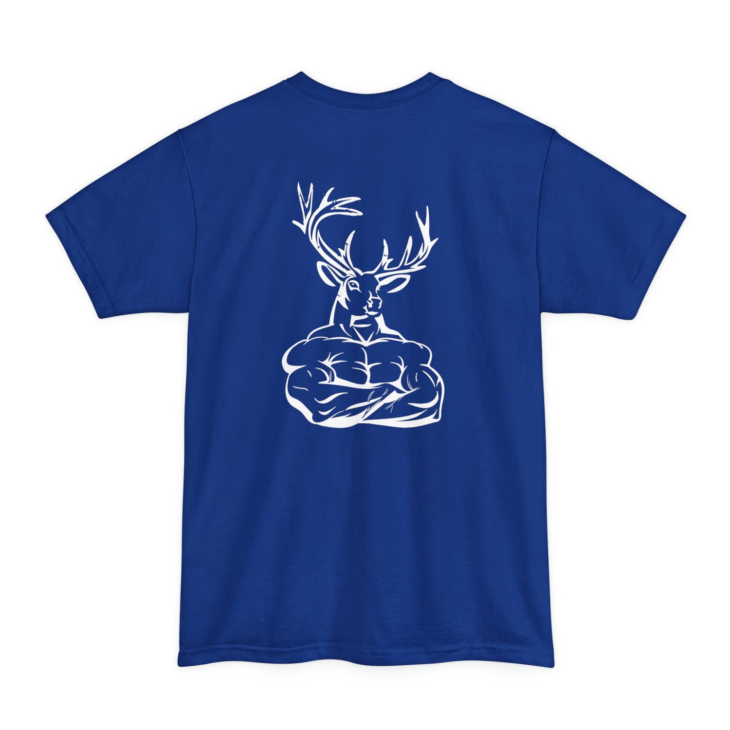 Big and tall deer hunting t-shirt, color blue, front design placement
