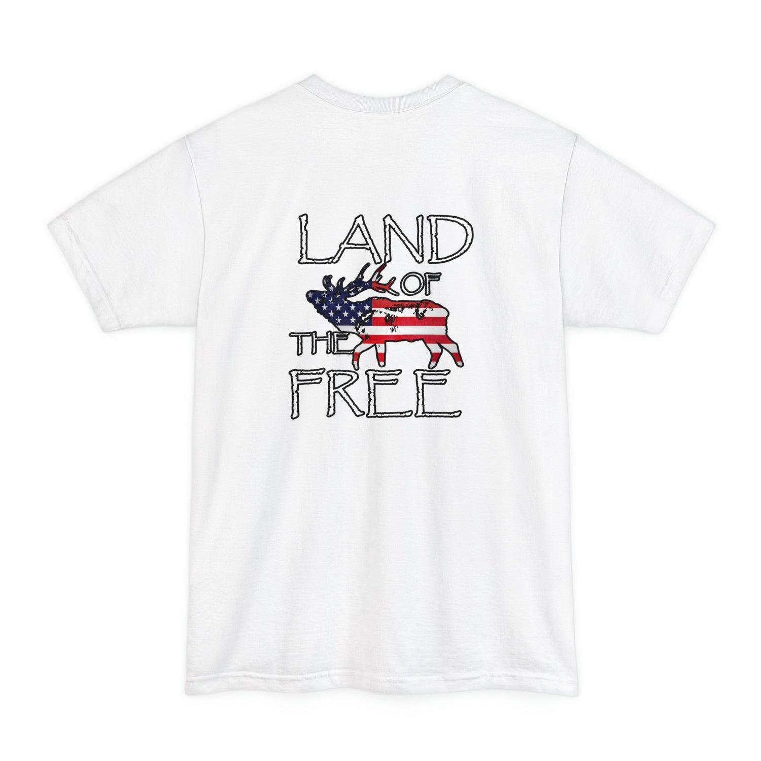 Big and tall patriotic elk hunting t-shirt, color white, back design placement