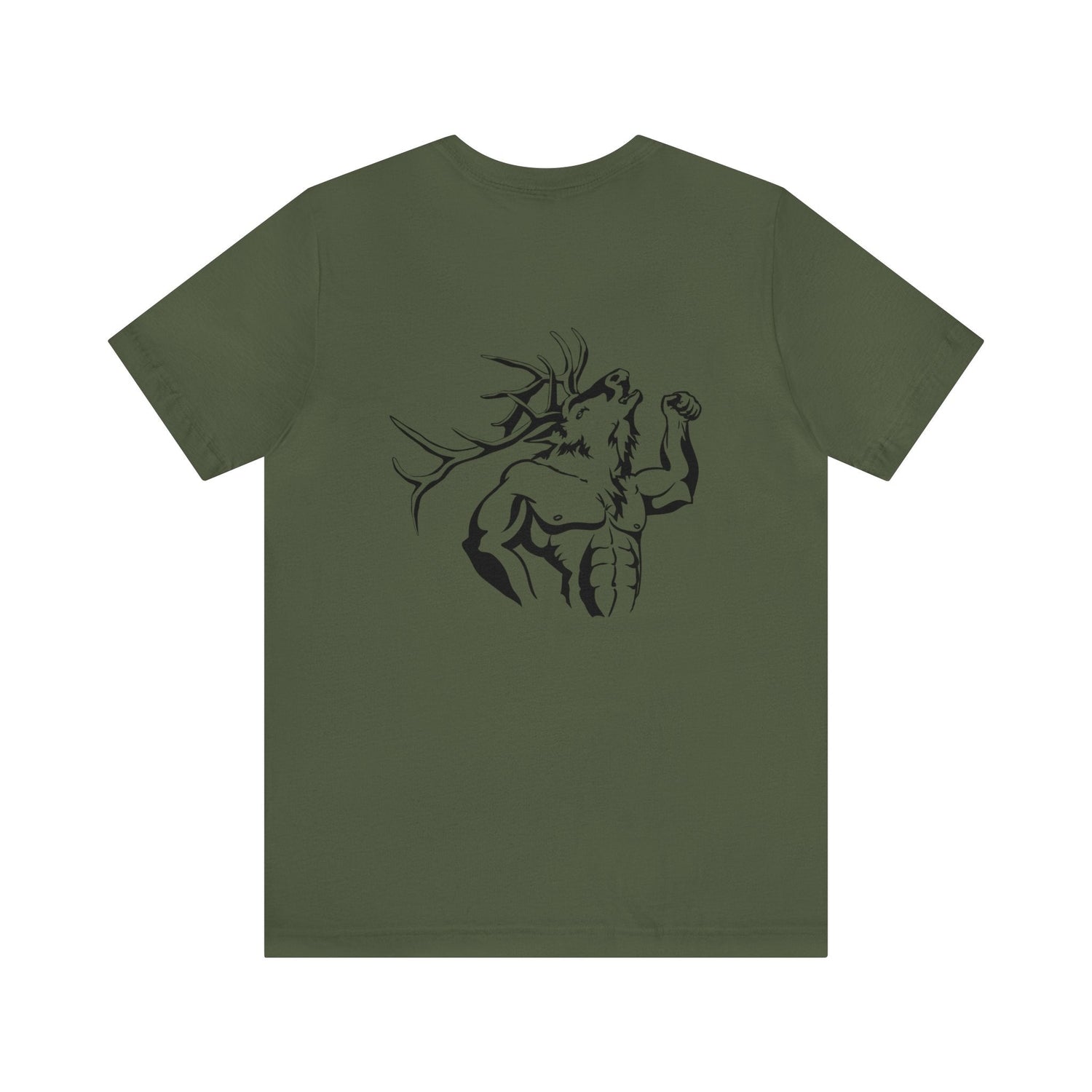 Western elk hunting t-shirt, color military green, back design placement